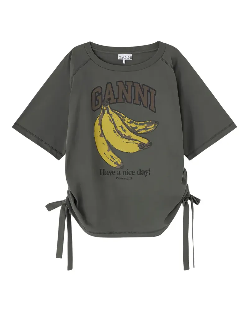 Ganni graphic-print tie-fastening T-shirt - Grau Grau