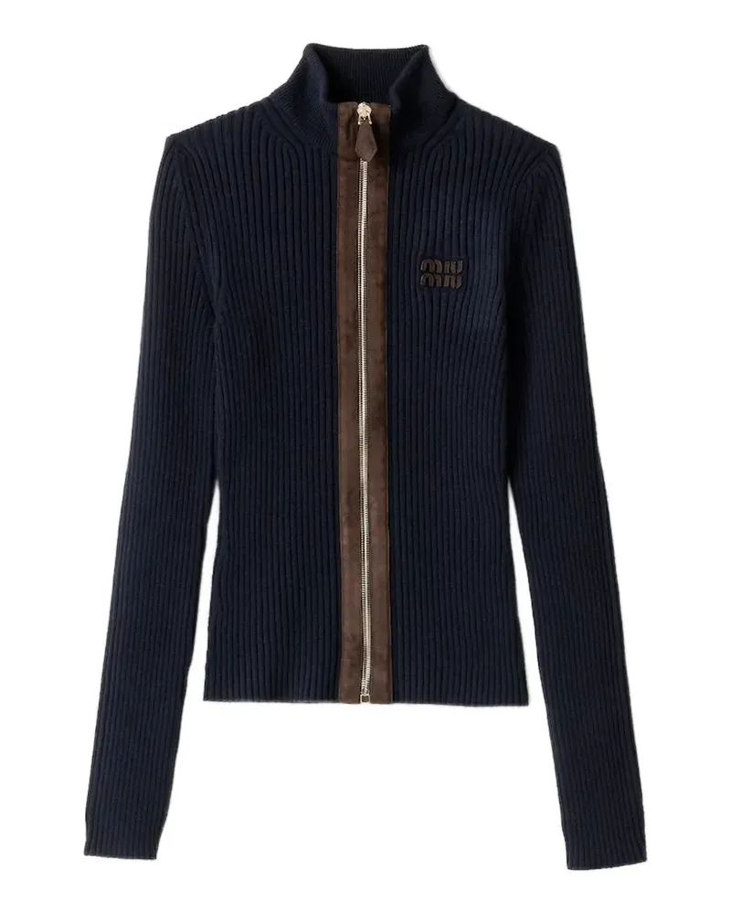 Miu Miu Gerippter Cardigan mit Lederbesatz - Blau Blau