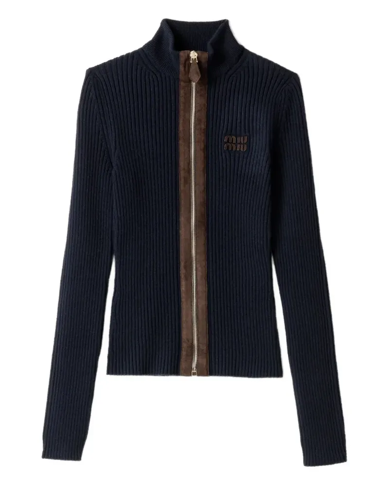 Miu Miu Gerippter Cardigan mit Lederbesatz - Blau Blau