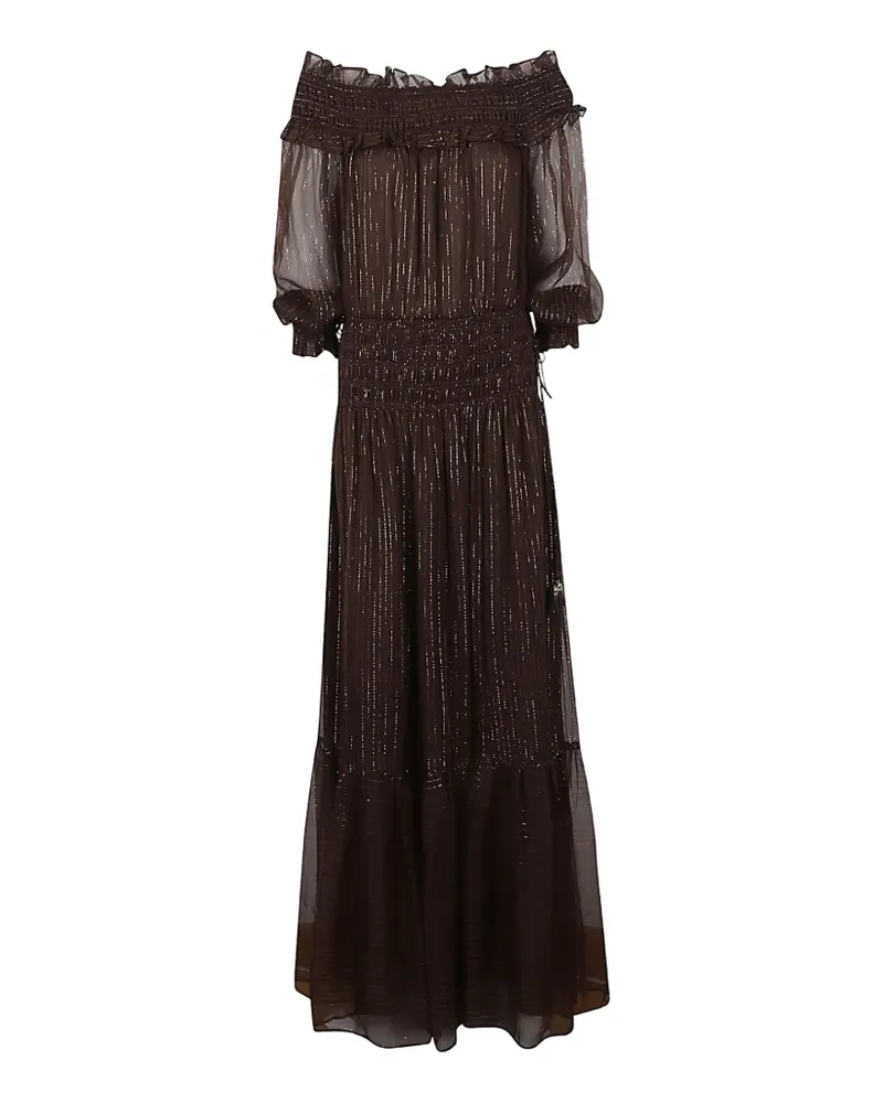 Self-Portrait Georgette metallic-thread shirred maxi dress - Braun Braun