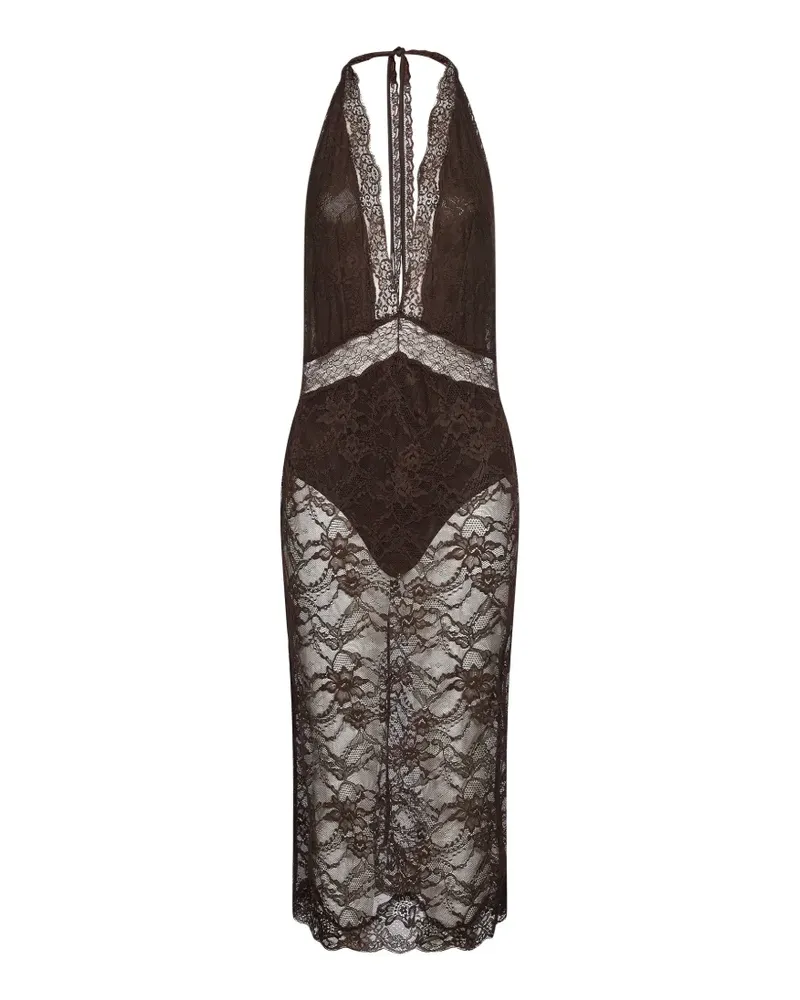 ANDAMANE Floria lace-overlay halterneck fitted midi dress - Braun Braun