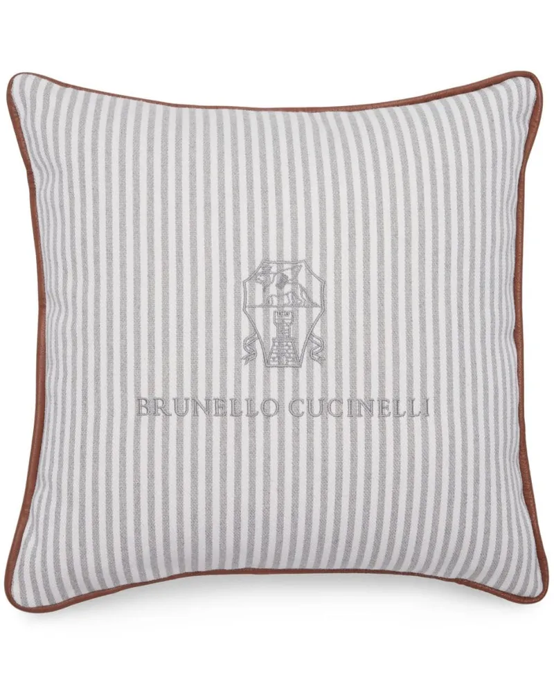 Brunello Cucinelli Gestreiftes Kissen mit Logo-Stickerei Grau