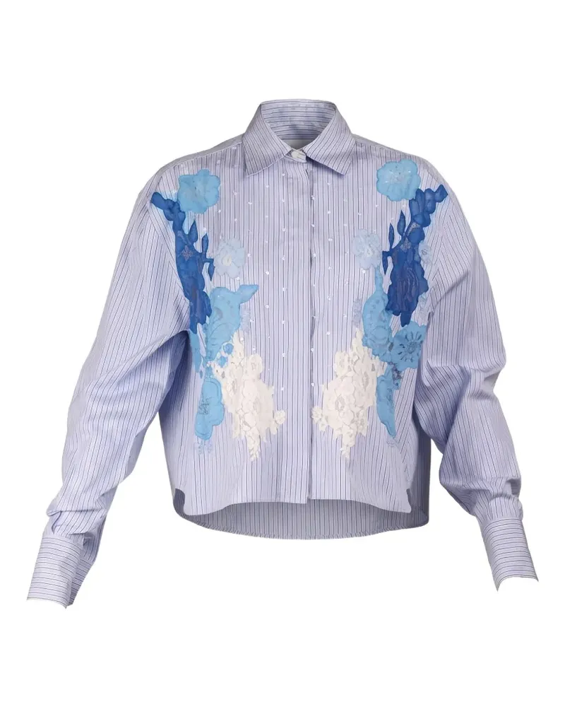Valentino Garavani floral-applique striped shirt - Blau Blau