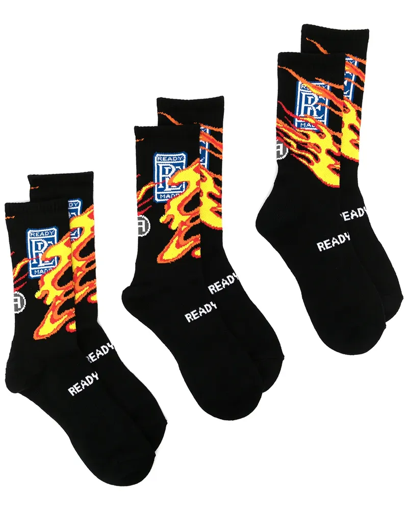 READYMADE Socken-Set mit Flammen-Print - Schwarz Schwarz