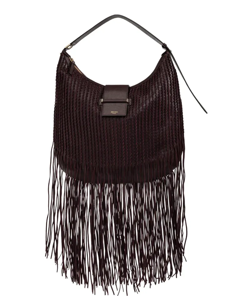 Jimmy Choo Bar Hobo medium deep Merlot Biker leather shoulder bag with suede fringes - Violett Violett