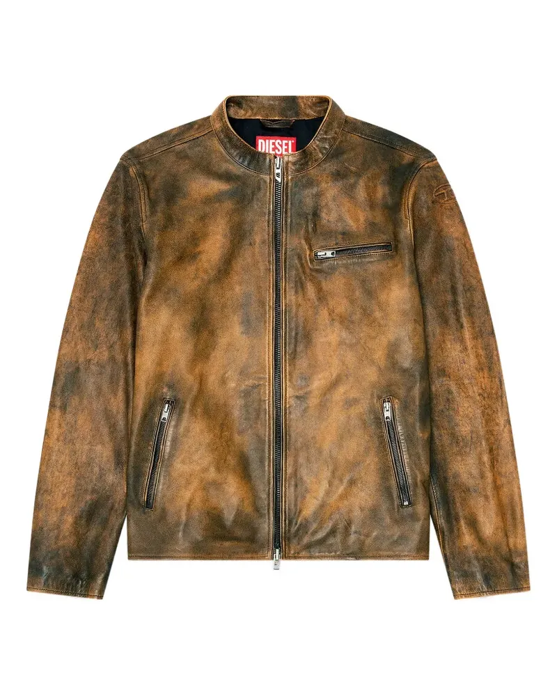Diesel Lederjacke mit Oval D-Prägung - Braun Braun