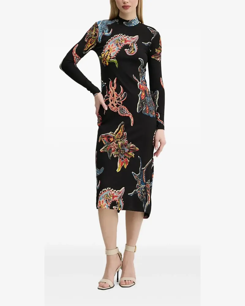 Desigual Geripptes Midikleid mit Print - Schwarz Schwarz