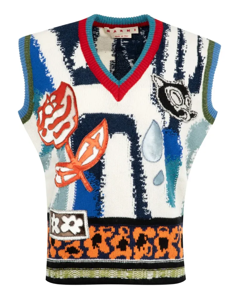 Marni V-Ausschnitt-Pullover mit Blumenapplikation - Blau Blau