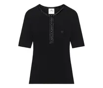Geripptes T-Shirt mit Vinyl-Besatz - Schwarz