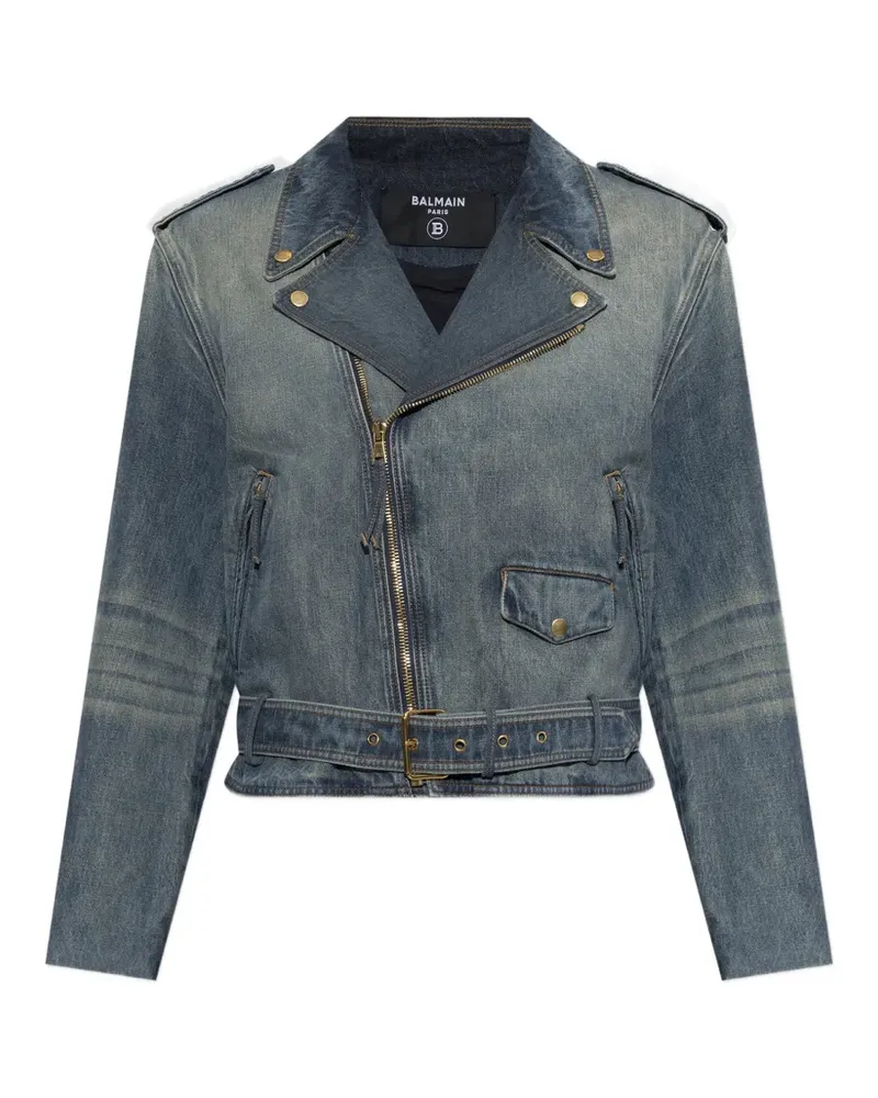 Balmain Jeansjacke im Biker-Look mit Gürtel - Blau Blau