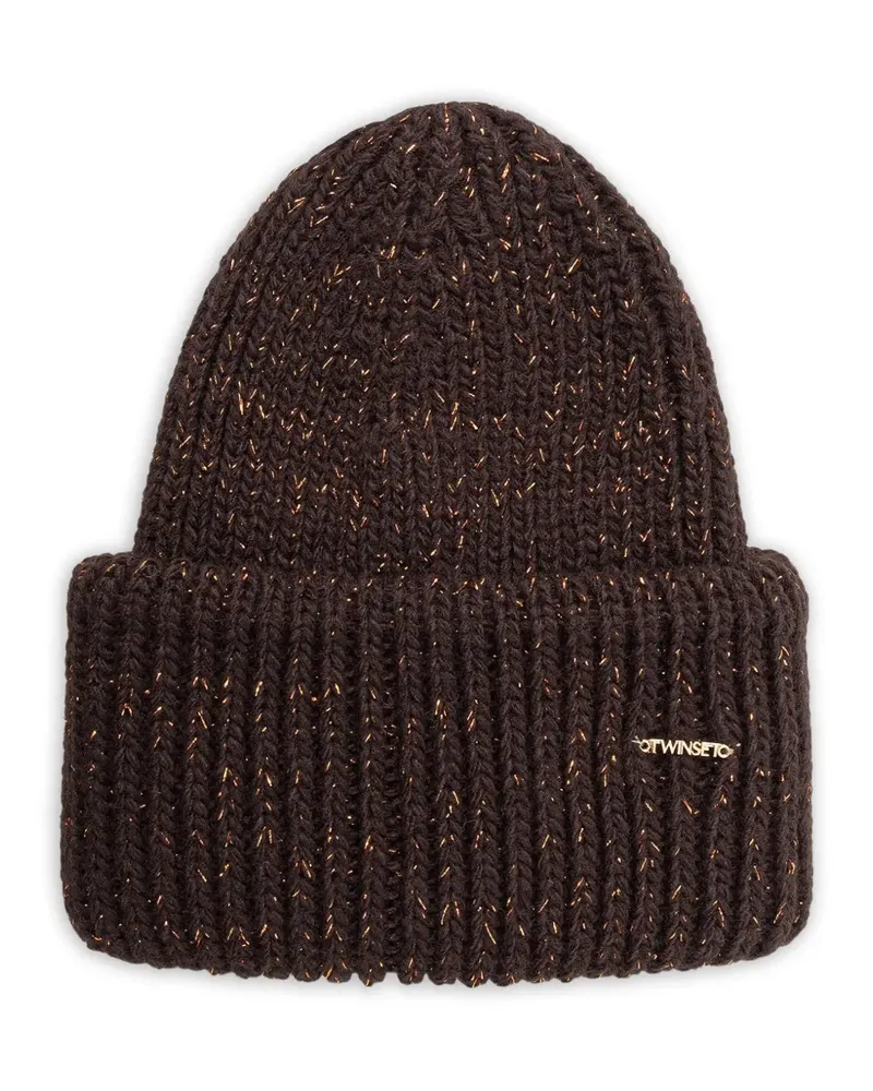 Twin-Set ribbed-knit lurex-detail beanie hat - Braun Braun