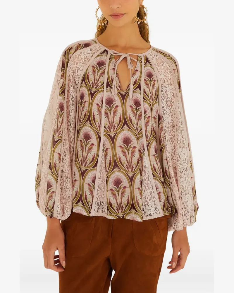 FARM Rio Bluse mit Spitzeneinsatz und Blumenprint - Nude Nude