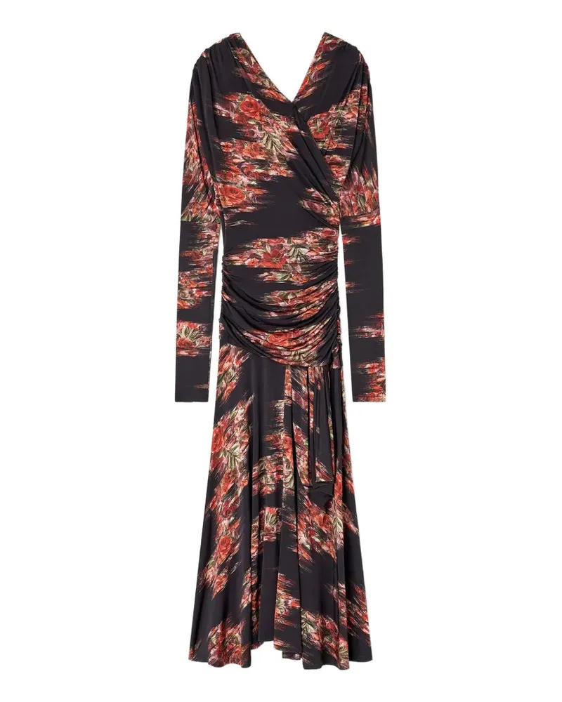 Ganni Gerafftes Midikleid mit Blumen-Print - Schwarz Schwarz