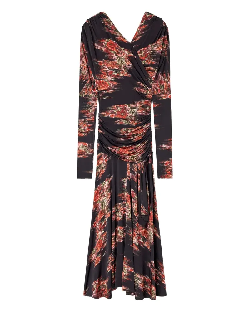 Ganni Gerafftes Midikleid mit Blumen-Print - Schwarz Schwarz