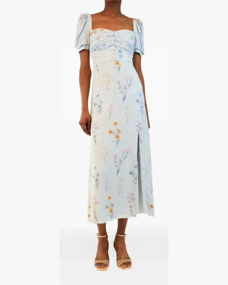 Self-Portrait floral-print ruched midi dress - Blau Blau