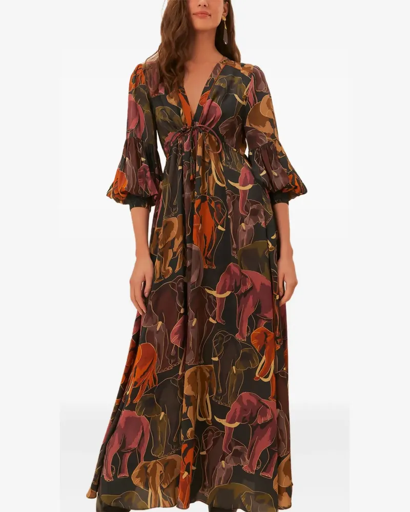 FARM Rio Puffärmel-Kleid mit Elefanten-Print - Grün Grün