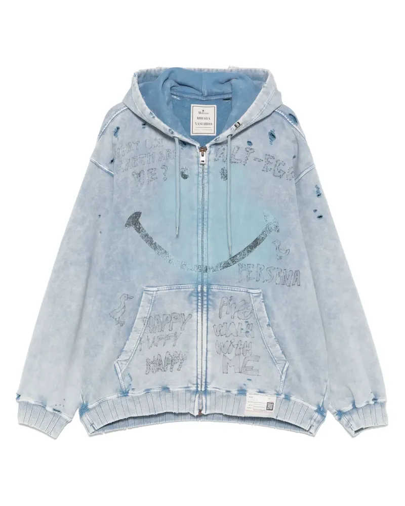 MIHARAYASUHIRO Hoodie mit ausgebleichtem Smiley-Print - Blau Blau