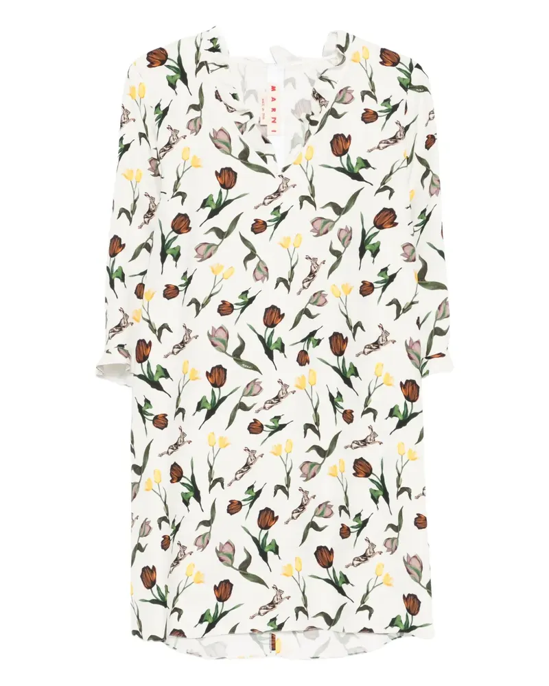 Marni Minikleid mit Tulpen- und Hasen-Print - Weiß Weiß