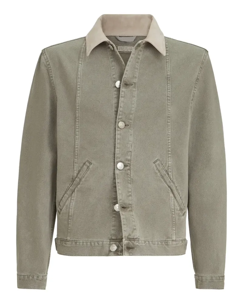 Brunello Cucinelli garment-dyed outerwear jacket in denim with leather collar - Grün Grün