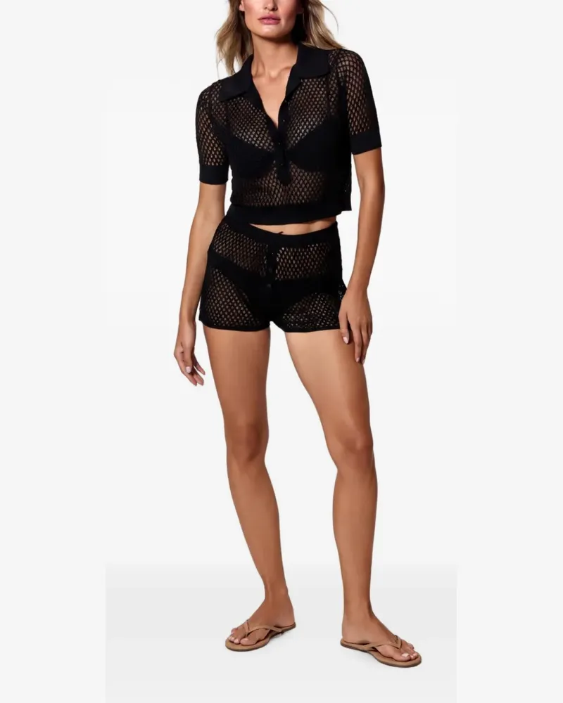 Kiki De Montparnasse Lochstrick-Shorts mit Knopfverschluss - Schwarz Schwarz