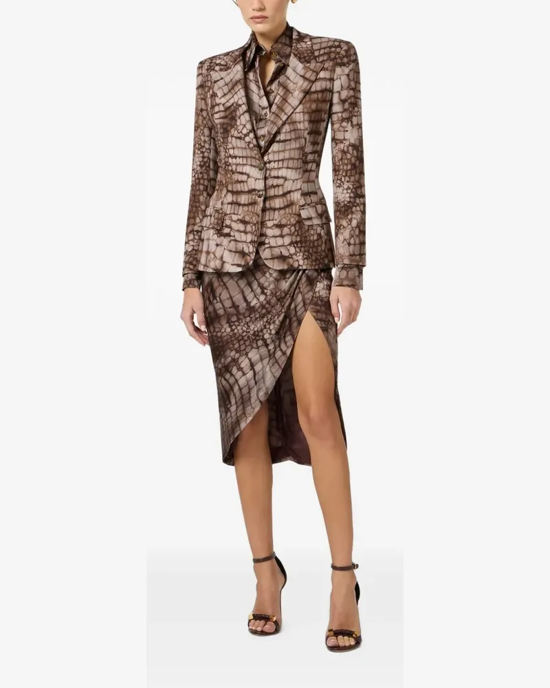 Elisabetta Franchi crocodile-effect cropped blazer - Braun Braun