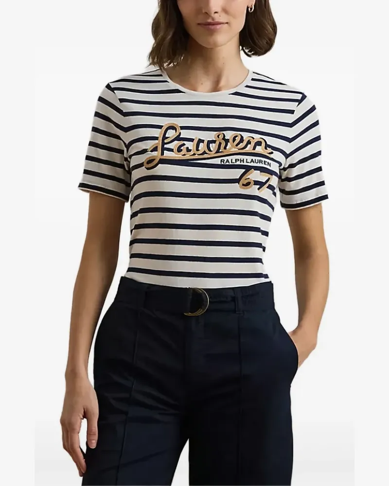 Ralph Lauren Gestreiftes T-Shirt mit Stickerei - Weiß Weiß