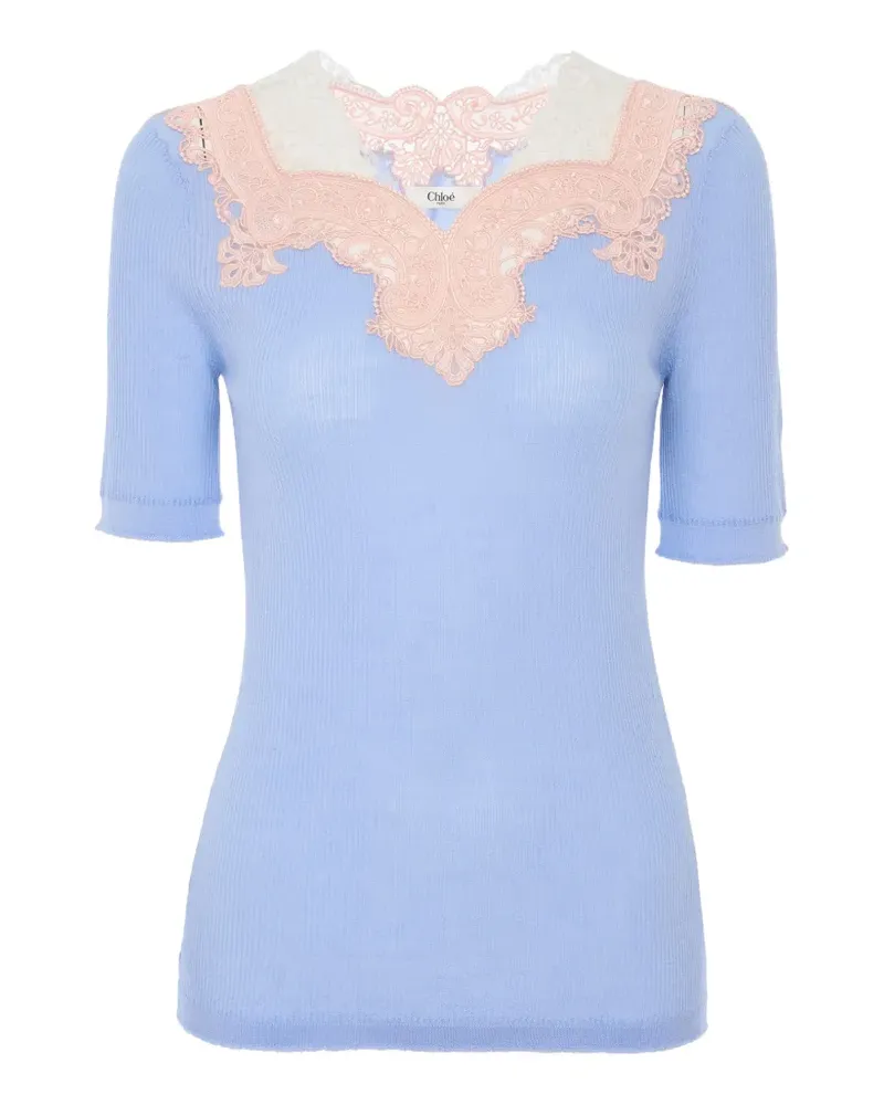 Chloé lace-trim ribbed-knit wool sweater - Blau Blau