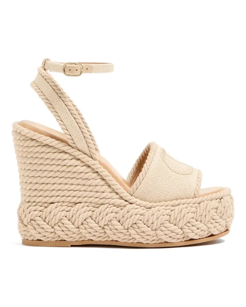 Valentino Garavani Vlogo Torchon Wedge sandal in linen canvas 130mm - Nude Nude