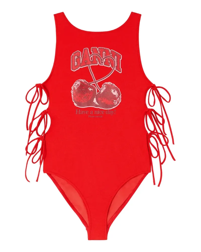 Ganni cherry-print lace-up swimsuit - Rot Rot