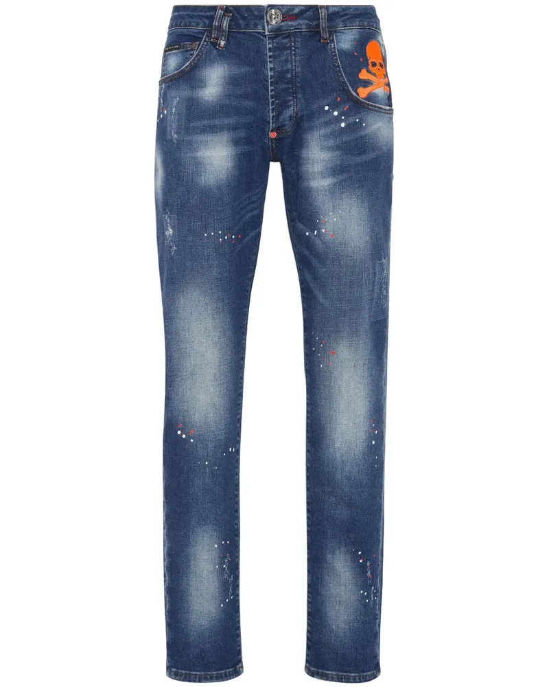 Philipp Plein Skull Straight-Leg-Jeans mit Farbklecksen - Blau Blau