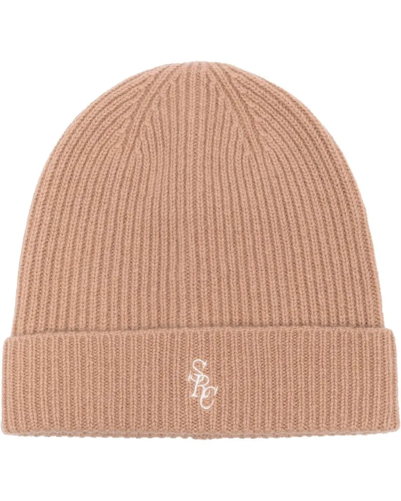 SPORTY & RICH Gerippte Strickmütze mit Logo - Braun Braun