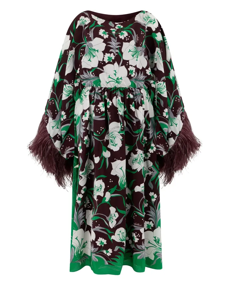 Valentino Garavani feather-trim floral dress - Braun Braun