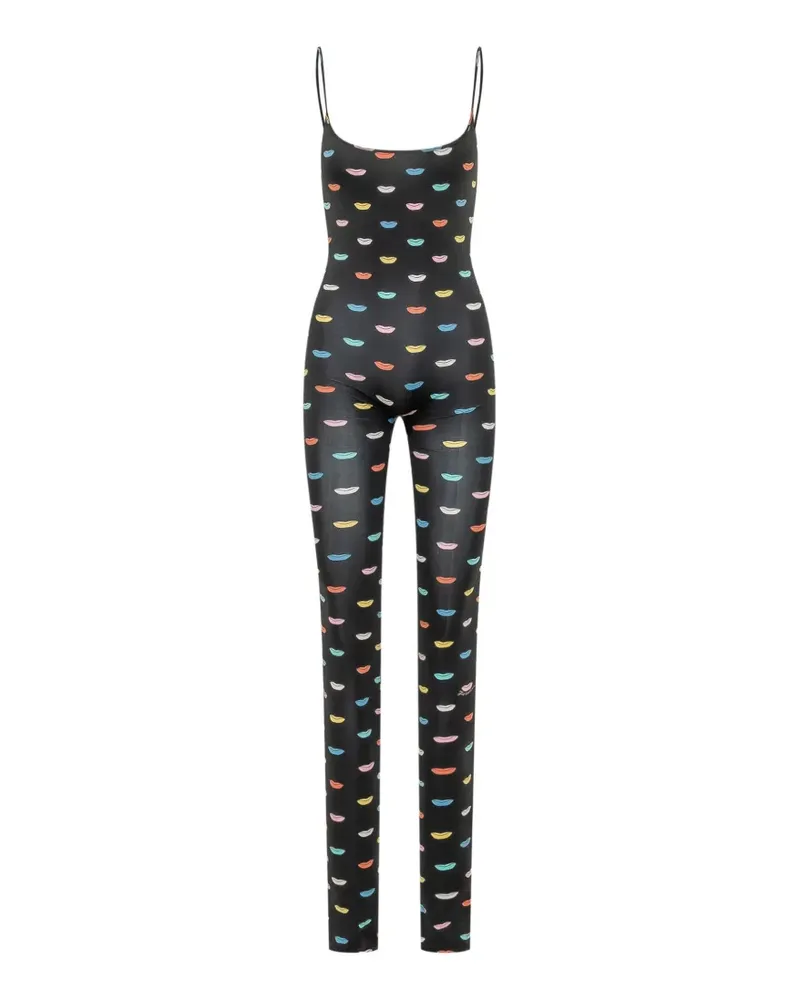 Fiorucci lips-print spaghetti-strap jumpsuit - Schwarz Schwarz
