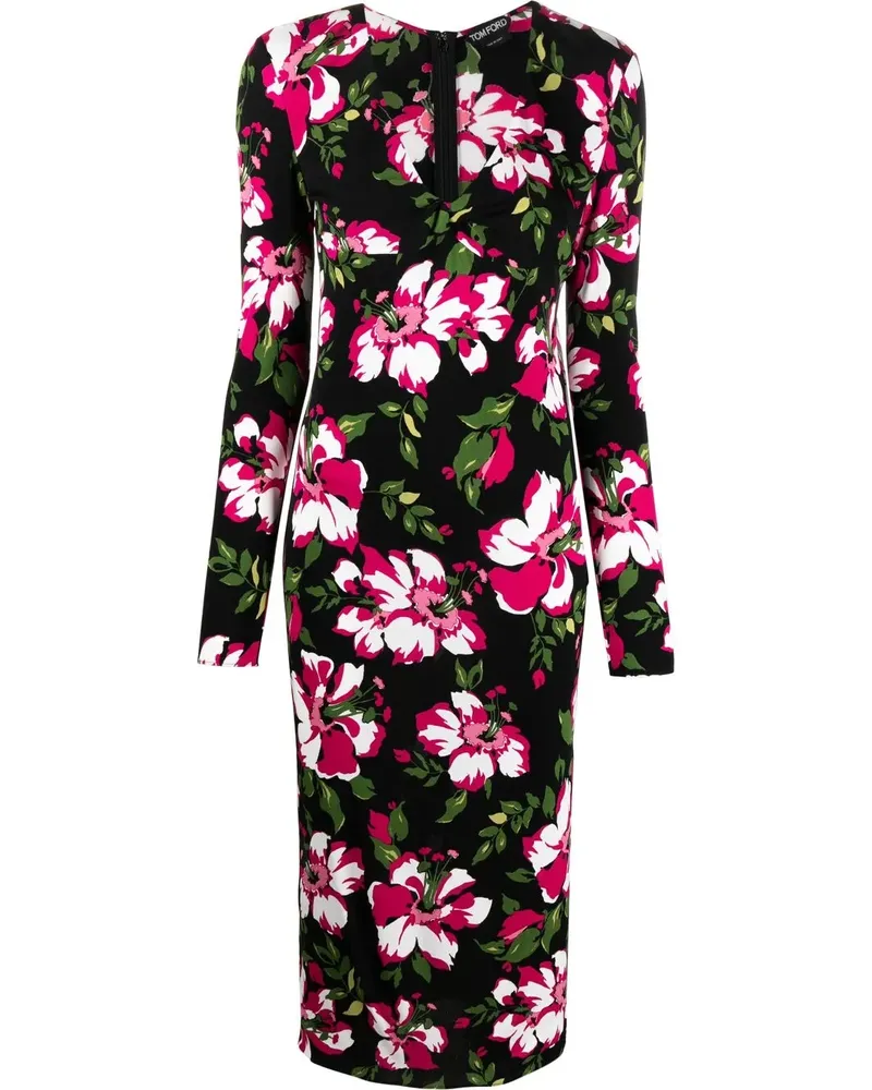 Tom Ford Midikleid mit Blumen-Print - Schwarz Schwarz