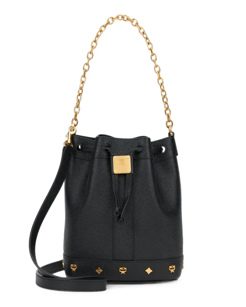 MCM Mini Pina Beuteltasche mit Logo-Schild - Schwarz Schwarz