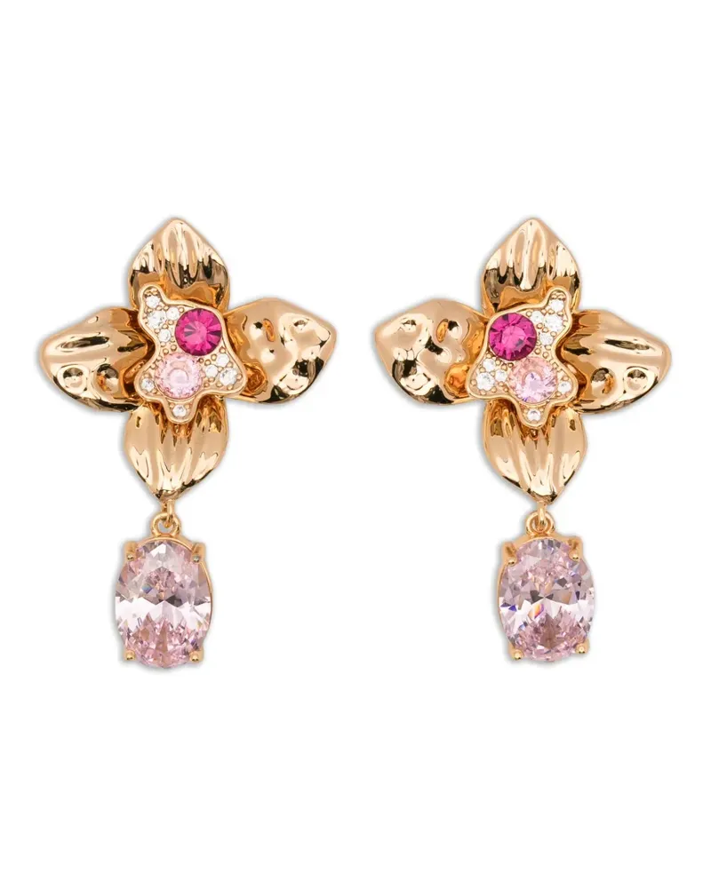 Self-Portrait crystal-embellished floral drop earrings - Gold Gold