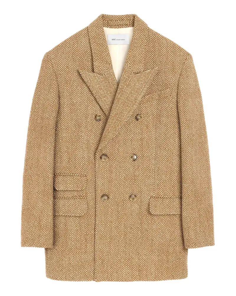 AMI Paris Brauner doppelreihiger Wollblazer mit Fischgrätenmuster - Nude Nude