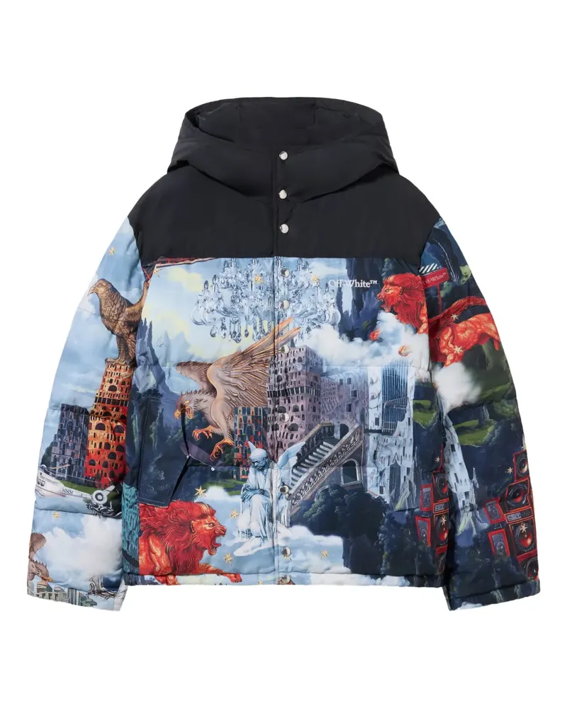 OFF-WHITE print hooded down jacket - Blau Blau