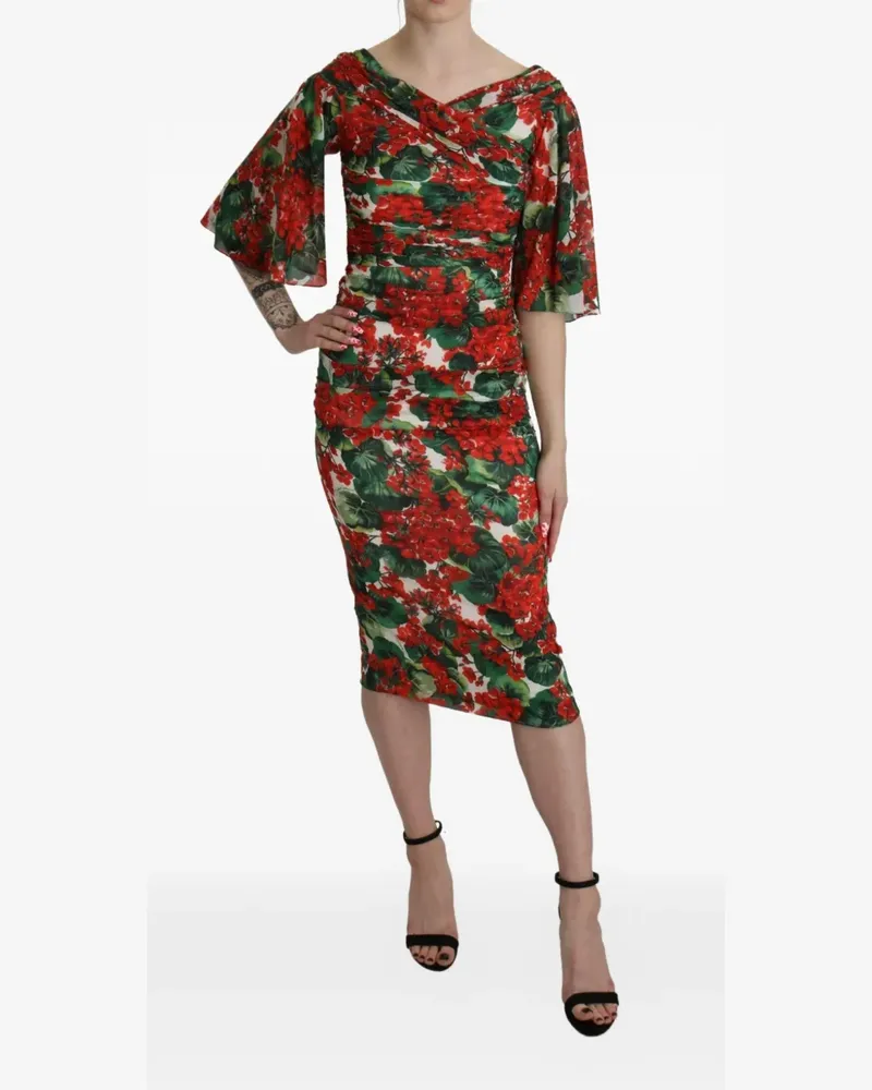 Dolce & Gabbana Gerafftes Kleid mit Blumenprint - Rot Rot
