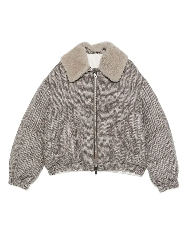 Brunello Cucinelli herringbone-pattern shearling-collar jacket - Grau Grau