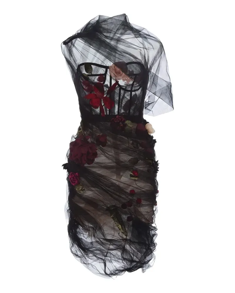 Monse Midikleid im Corsage-Stil mit Blumenapplikation - Schwarz Schwarz