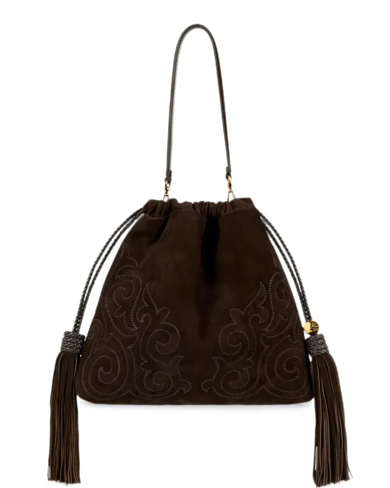 Etro Mittelgroße Kalispera Tasche aus Wildleder mit Patch und Quasten - Braun Braun