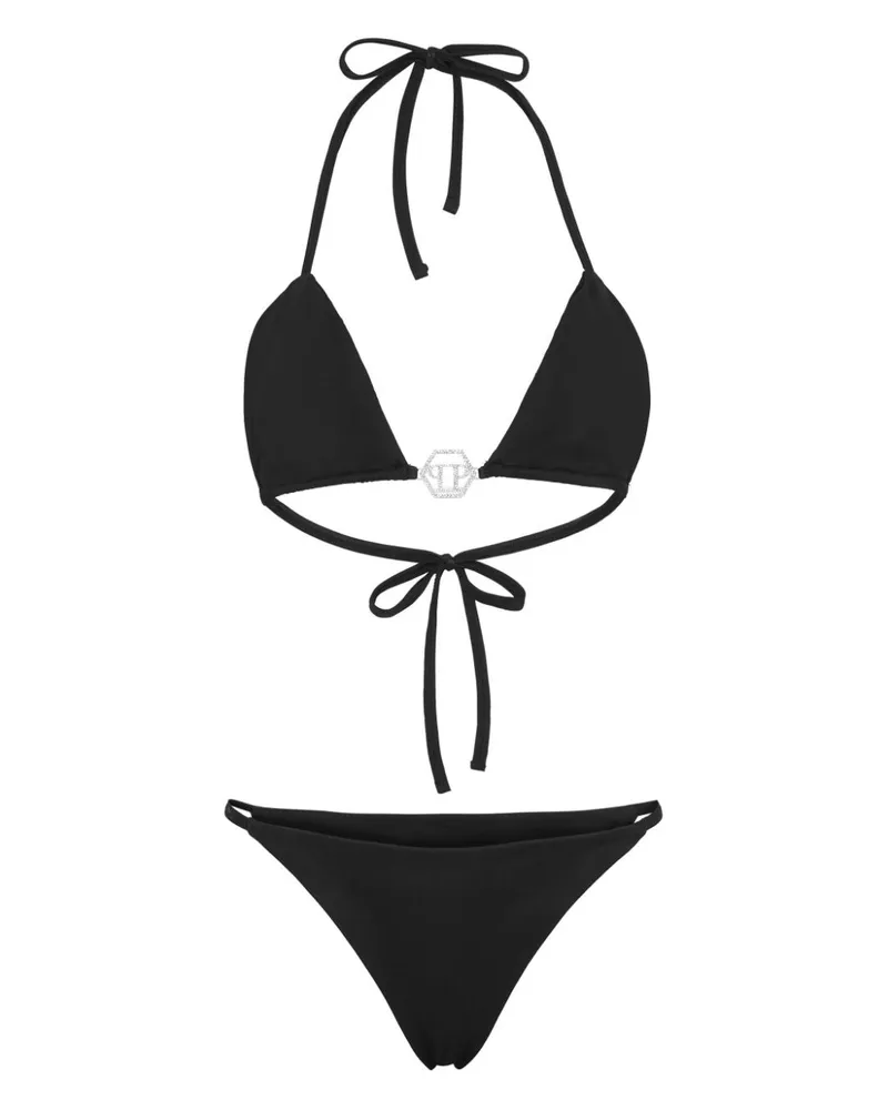 Philipp Plein Triangel-Bikini mit Logo-Schild Schwarz