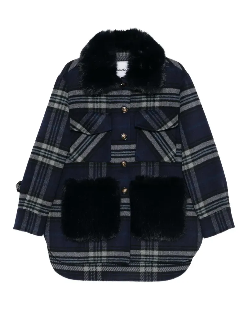 AVA ADORE check-pattern faux-fur-trim coat - Blau Blau