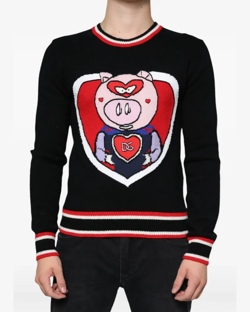 Dolce & Gabbana Merinopullover mit Ferkel-Applikation - Schwarz Schwarz