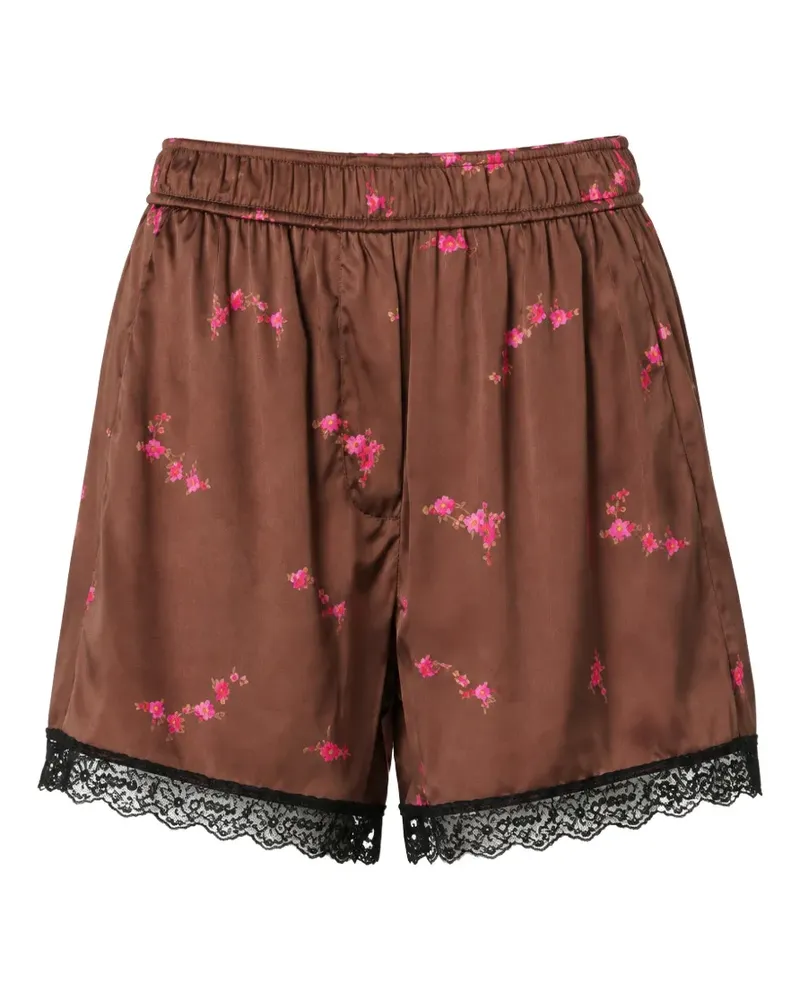 Ganni floral-print lace-trim mini shorts - Braun Braun