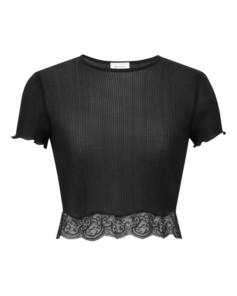 Saint Laurent Geripptes Oberteil mit Spitzensaum - Schwarz Schwarz