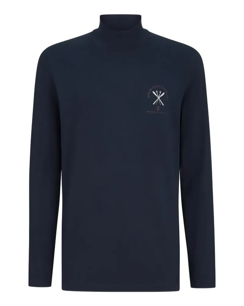 Brunello Cucinelli Comfort Langarmshirt aus Seidenjersey mit Stickerei - Blau Blau
