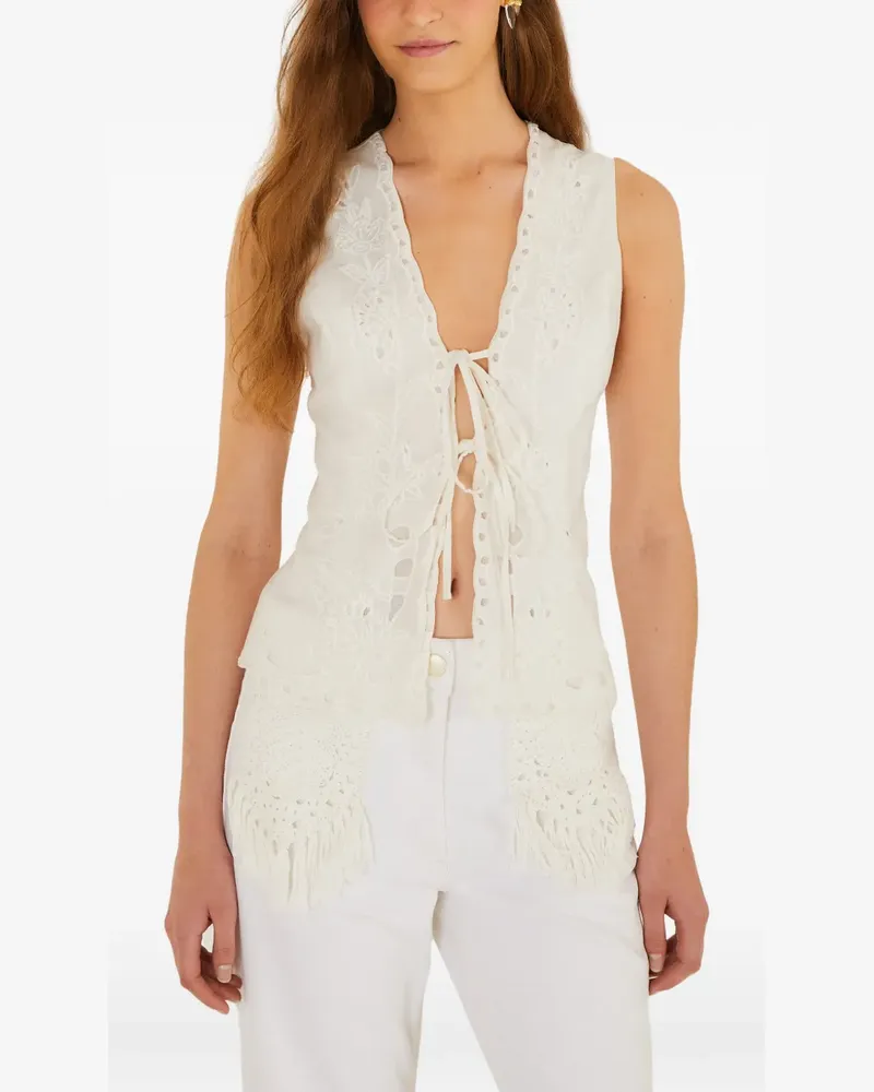 FARM Rio floral-embroidered fringe top - Weiß Weiß