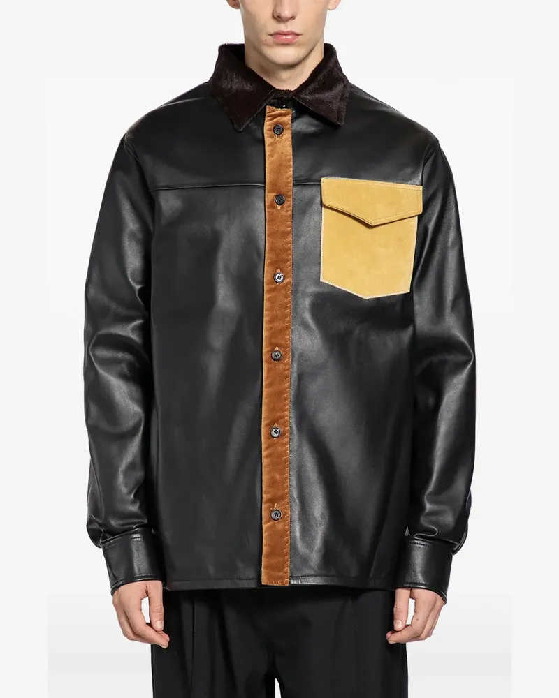 Marni fur-collar panelled leather shirt - Schwarz Schwarz